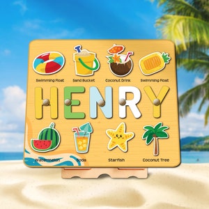 Rompecabezas personalizado del nombre del océano, tabla ocupada de la playa personalizada para el niño pequeño, regalo de la niña del bebé Palm Surf Coconut Montessori Board Nursery Decor