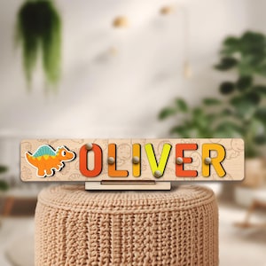 Custom Dinosaur Patterned Name Puzzle Montessori Board 1st Birthday Christmas Gift Kid Baby Personalized Toddler Toy Dino Nursery Wooden Toy