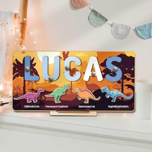 Custom Dinosaur Name Puzzle with Pegs, Wooden Montessori Toy, Christmas Gift For Kid, Baby Boy Birthday Gift, Toddler Busy Board, Dino Toys