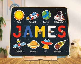 Custom Space Name Puzzle Board, Personalized Name Puzzle For Toddler, Gift for Baby Boy, Space Planet Austronaut Montessori Board