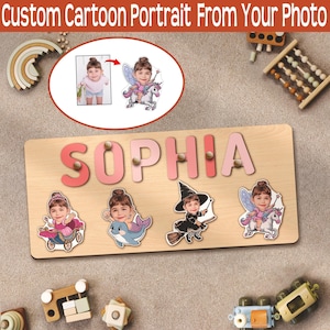 Rompecabezas de madera con nombre y clavijas, retrato de niña personalizado, personaje de dibujos animados, juguete Montessori, regalo de Navidad para primer y segundo cumpleaños para niños pequeños