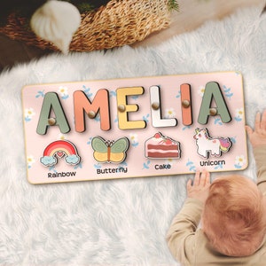 Custom Baby Girl Unicorn Name Puzzle For Toddler Kid Wooden Pastel Montessori Toy Custom 1st Birthday Christmas Gift Baby Boy Nursery Decor