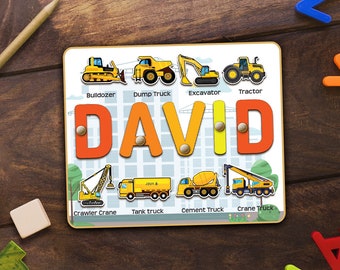 Personalized Construction Name Puzzle Wooden Craft Dump Truck Digger Backhoe Vehicle Set Birthday Gift Kid Custom Montessori Toy Busy Board