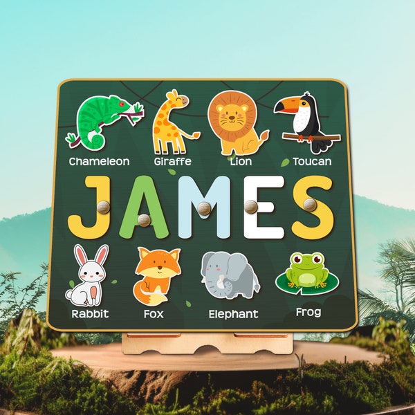 Safari Nursery Decor Name Puzzle, Personalized Montessori Jungle Animals Toy Busy Board 1 2 3 Years Old Gift 1st Birthday Baby Shower Gifts