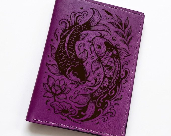 Koi fish pattern genuine leather wallet, Japan Style travel personalized case - 270226