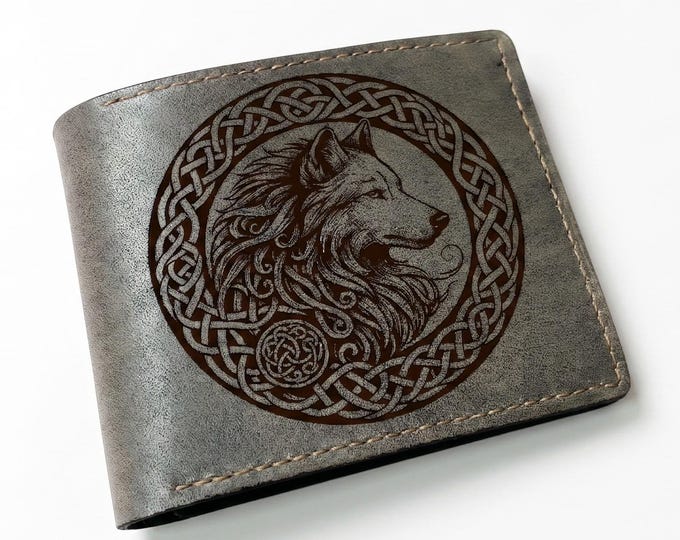 Wolf head Celtic bifold wallet, handcrafted leather gift for him - 180226