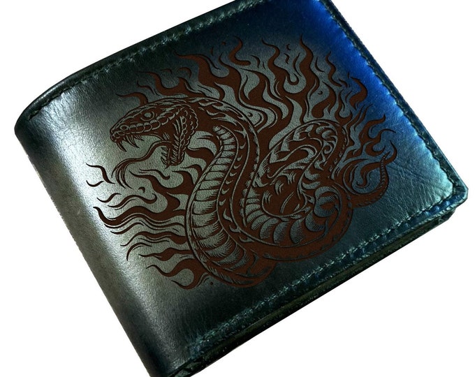 Handmade Leather Bifold Wallet: Engraved Snake Art Gift