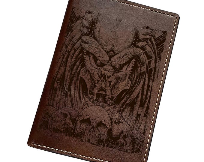 Predator head engraving leather travel wallet, horror style passport wallet, Horror movie gifts idea - 250326