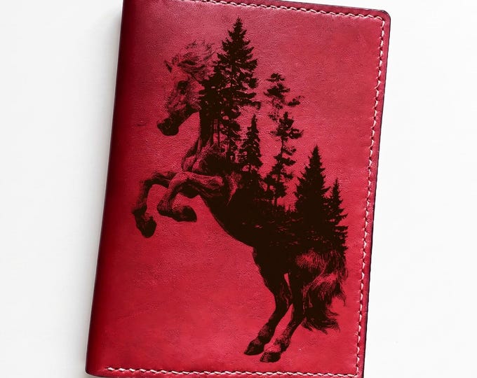 Horse Nature engrave leather wallet, personalized travel gifts, passport holder art - 250226