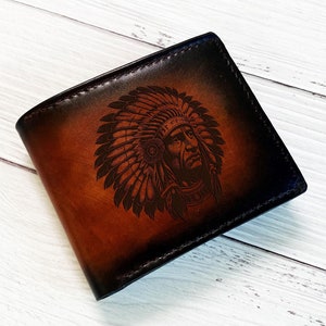 Cartera de cuero con dibujo de jefe indio nativo, cartera de estilo tribal, cartera de cuero personalizada, cartera minimalista plegable, cartera de la vieja escuela