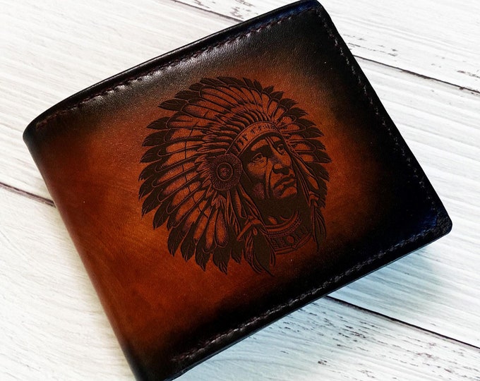 Native American Chief Leather Wallet: Tribal Bifold, Personalized