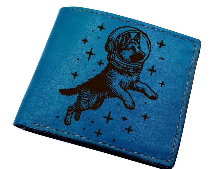 Husky Astronaut Leather Wallet, Genuine Cowhide Bifold, Personalized Gift