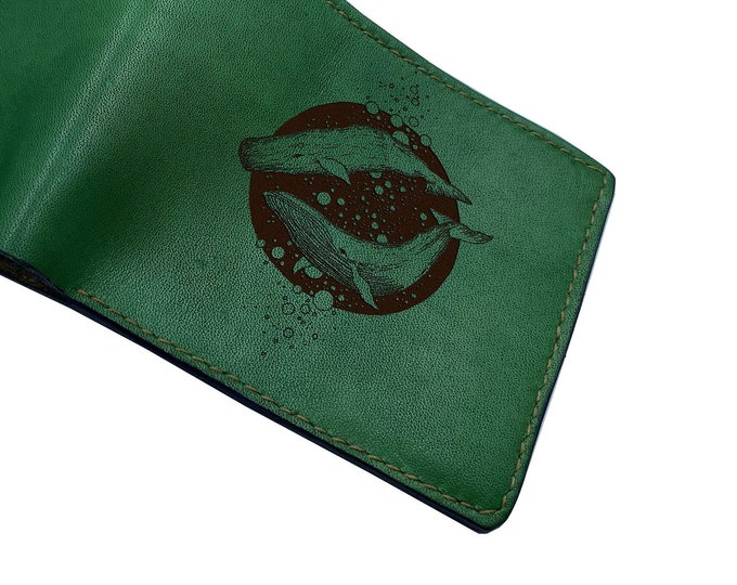 Whale Drawing Leather Men's Wallet, Animal Pattern, Engraved Gift