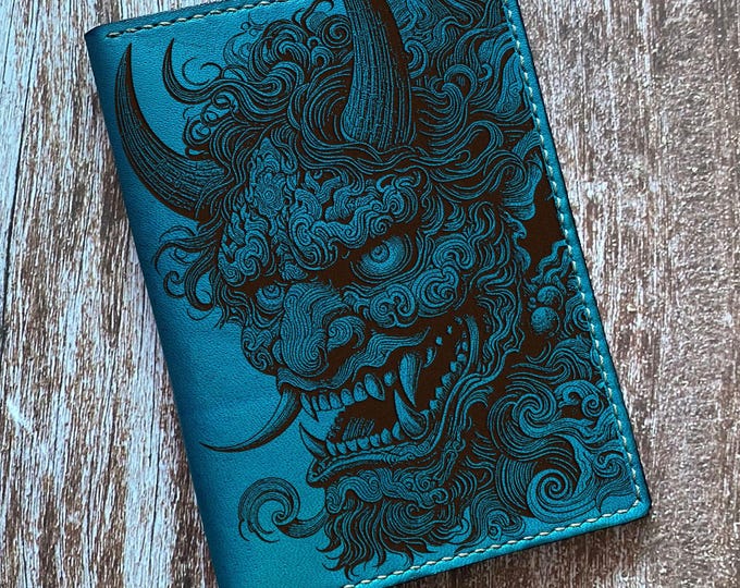 Engraved Leather Travel Wallet, Hannya Devil Japanese Art, Custom Gift - Horror set 300926