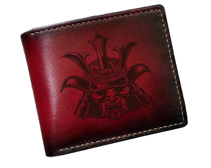 Samurai Mask Leather Wallet, Japanese Warrior, Personalized Gift