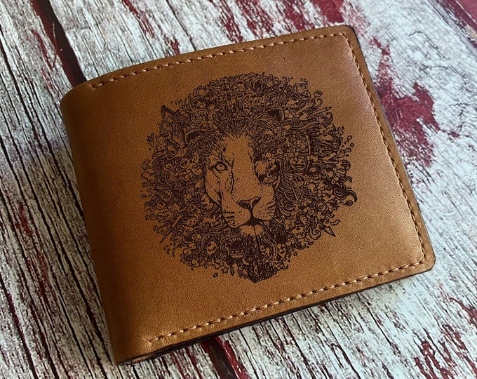 Lion Doodle Art Leather Wallet, Personalized Gift for Him