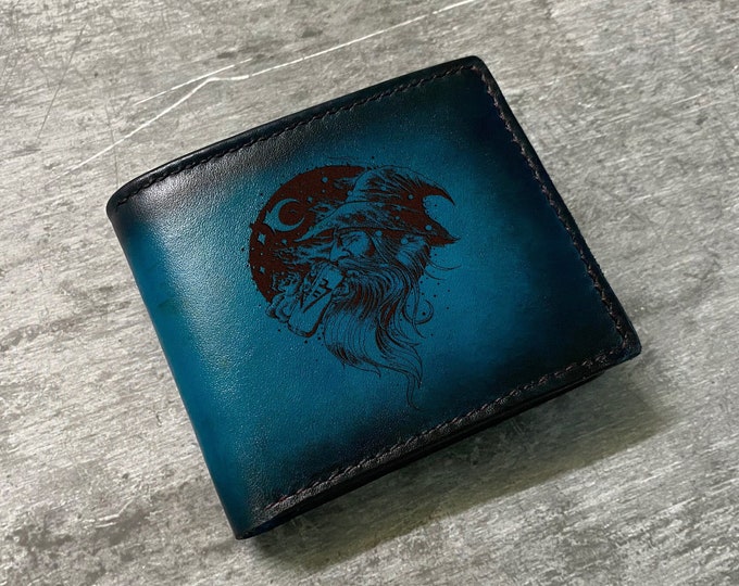 Old wizard art present, Gandalf men's wallet, personalized leather gift for men, vintage style men's wallet, LOTR elf wizard present for him