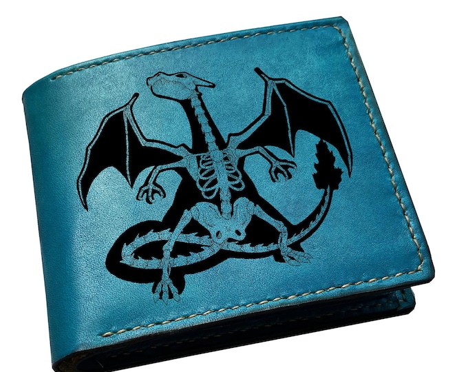 Custom Engraved Leather Wallet, Charizard Skeleton Art