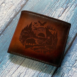 Regalo de caza de jabalí para él, billetera de caza para hombres, regalo de cuero para caza de ciervos y patos, billetera estilo caza, billetera para papá, regalo para él