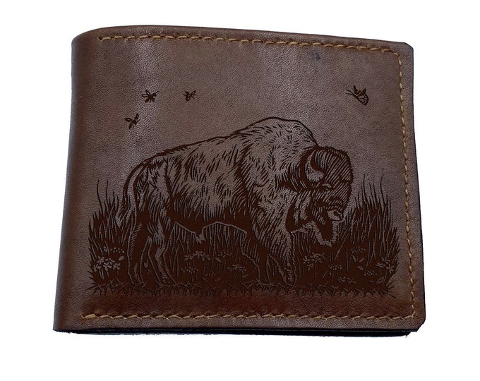 Engraved Bison Leather Bifold Wallet: Wildlife Gift
