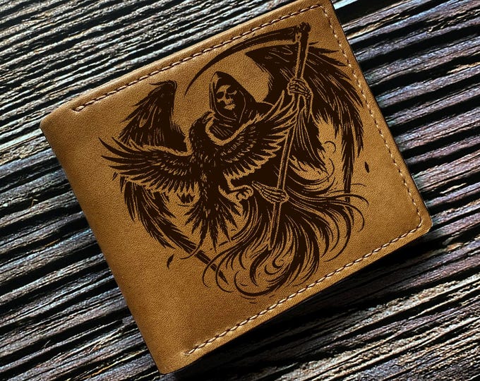Reaper leather bifold wallet, horror death style wallet, halloween present for boy