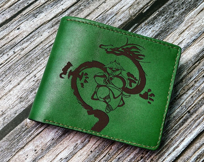 Engraved Leather Wallet, Dragon Warrior Panda Art, Gift for Him