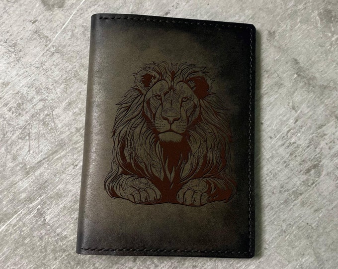 Lion Drawing Leather Passport Wallet, Custom Engraved Handmade Wallet
