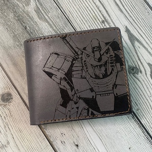 Cartera con diseño de robots gigantes de Gundam, cartera japonesa personalizada con diseño mecánico de Android, ideas de regalo de robots de anime para él, regalo de cuero con diseño de manga de ficción.