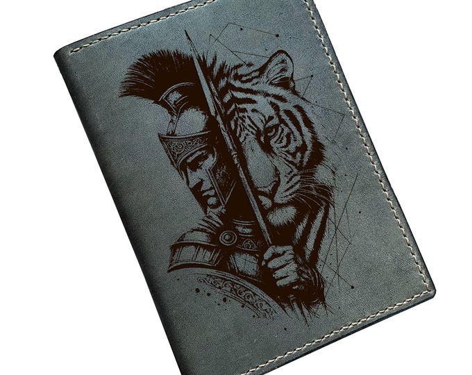 Genuine Leather Warrior Tiger Wallet, Engraved Travel Gift for Him