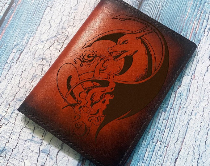 Personalized Charizard Leather Wallet, Pokemon Engraved Travel Wallet