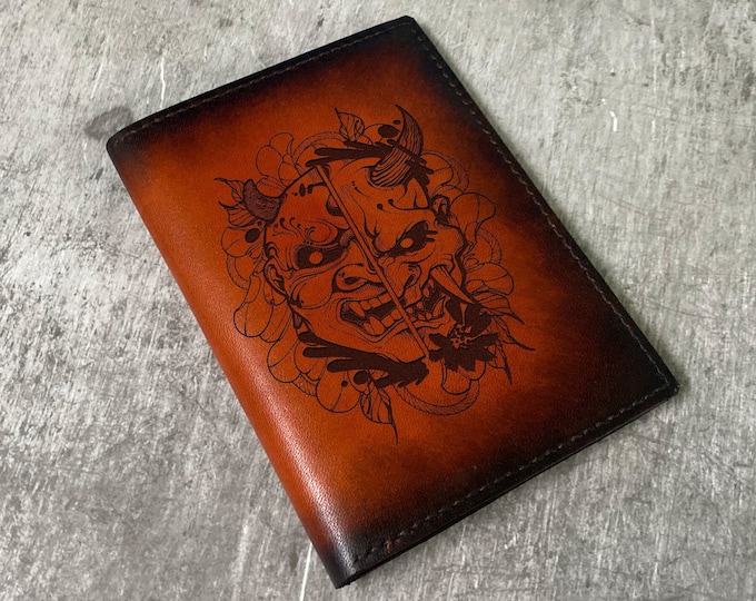 Hannya Devil Mask Leather Bifold Wallet, Custom Engraved Passport Wallet