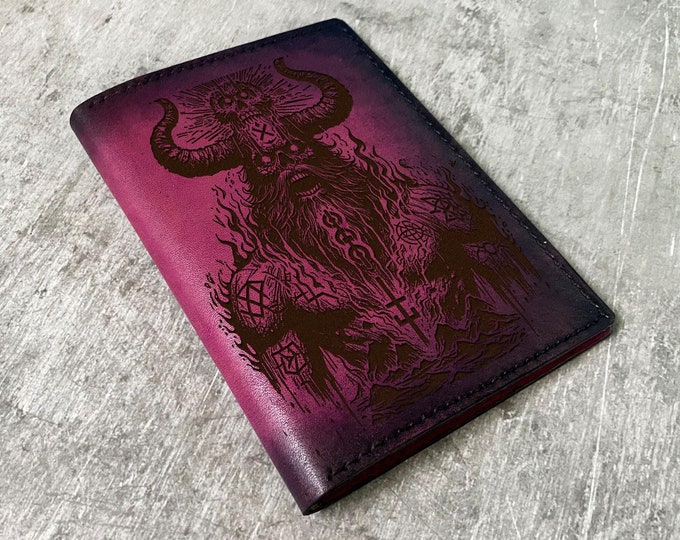 Engraved Demon Art Leather Wallet, Horror Travel Gift