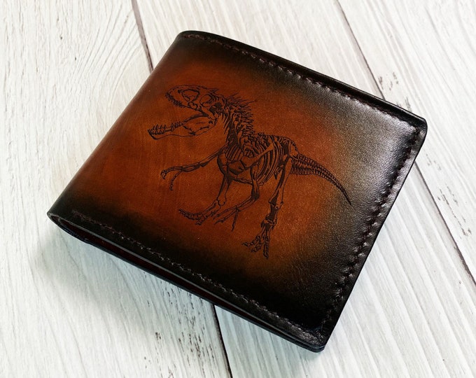 T-Rex Skeleton Leather Wallet, Dinosaur Art Engraved