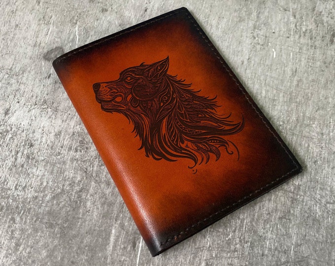 Engraved Wolf Leather Passport Wallet: Celtic Viking Travel Case
