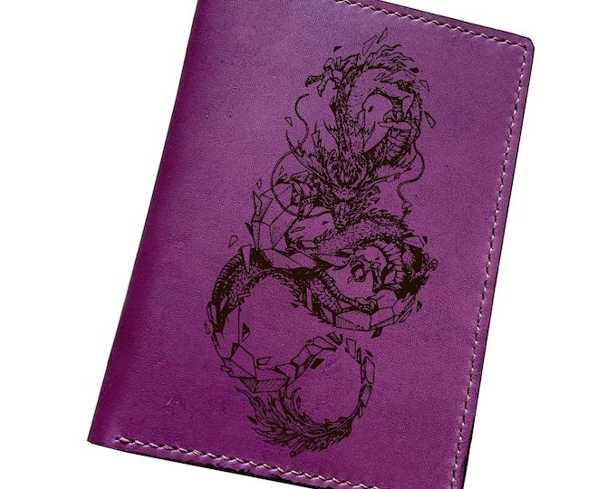 Dragon geometric art leather wallet, customized passport case, Dragon leather gift ideas for family
