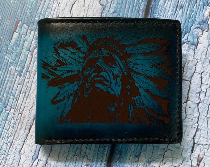 Handmade Leather Wallet: Native American Chief Art, Custom Engraved