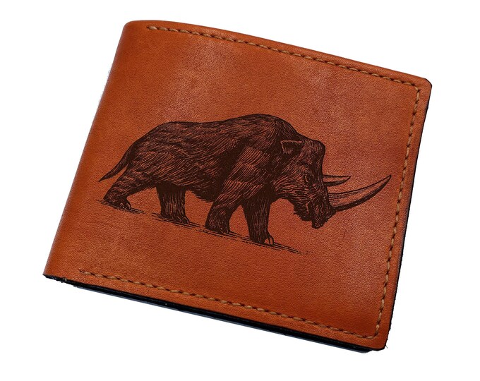 Leather Wallet with Woolly Rhinoceros Art, Custom Engraved Gift