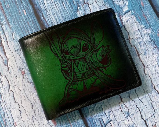 Fun Stitch Jedi Genuine Leather Wallet, Engraved Gift for Men