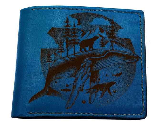 Whale engrave leather handmade wallet, custom ocean sea pattern wallet, gift for friend