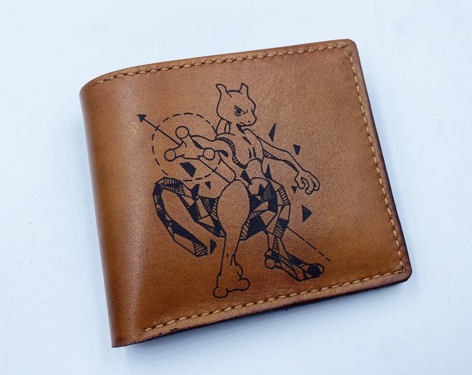 Mewtwo Geometric Art Leather Wallet, Pokemon Gift