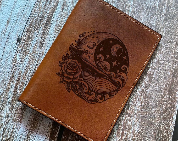 Engraved Moon Whale Leather Passport Wallet - Custom Travel Case