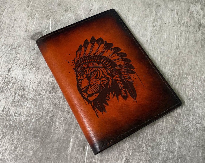 Leather Passport Wallet: Native Indian Tiger Art, Custom Travel Case