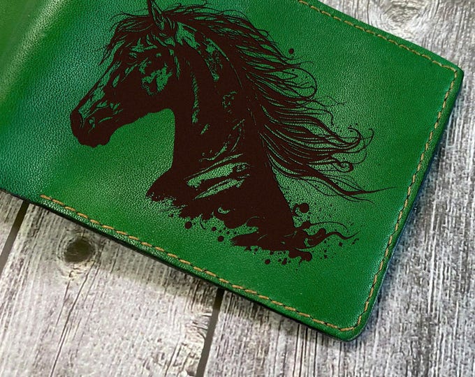 Engraved Horse Sketch Leather Wallet, Personalized Gift
