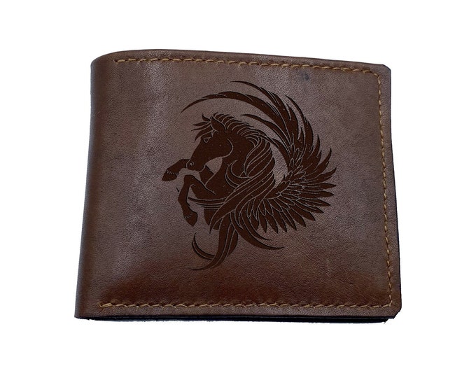 Pegasus Art Leather Wallet, Greek Mythology Horse, Engraved Gift