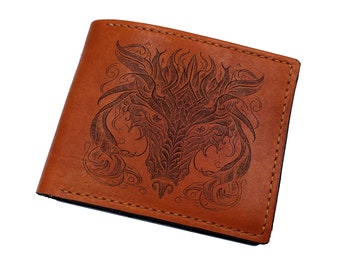 Drachen gravierte Ledergeldbörse, personalisiertes Geschenk zum Jahrestag
