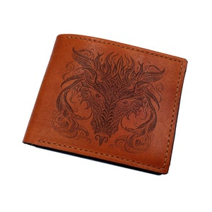 Dragon head engraving leather wallet, custom dragon wallet for men, personalized wallet for dad, leather anniversary gift for husband