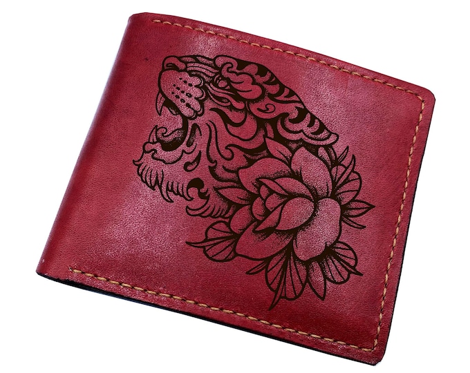 Tiger floral bifold handmade wallet, custom Tiger gift, personalized art for brother, husband, boyfriend
