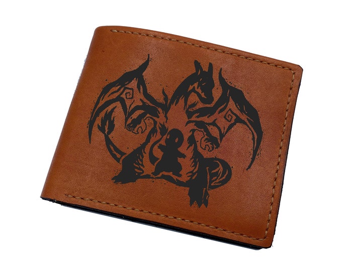 Charmander Charizard Pokemon Leather Wallet, Custom Engraving