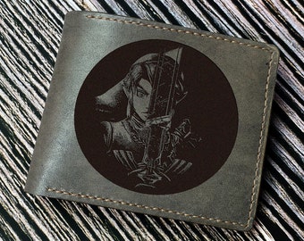 Zelda Link drawing art wallet, custom engrave men's wallet, wallet for dad from daughter, gift for boyfriend, Legend of Zelda men's wallet