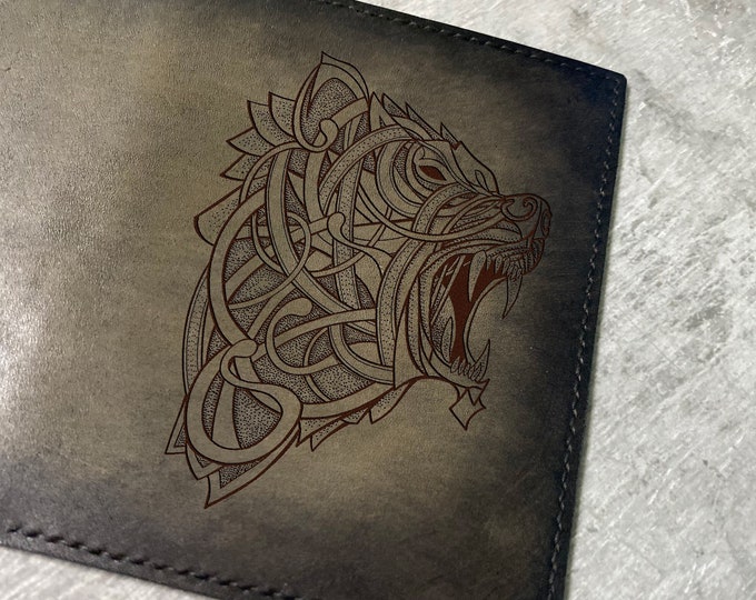 Engraved Bear Celtic Leather Passport Wallet, Custom Travel Case
